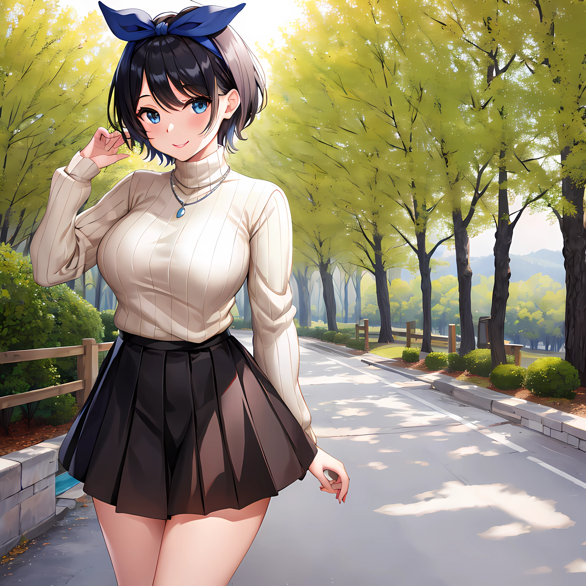 masterpiece, best quality, highres, 1girl, solo, jewelry, skirt, sweater, necklace, black skirt, black hair, short hair, ribbed sweater, socks, turtleneck sweater, turtleneck, white socks, blue eyes,  long sleeves, pleated skirt, ribbon, breasts, bow, hair ribbon, hairband, hair bow, bangs, large breasts, sarashina ruka, cowboy shot, smile,