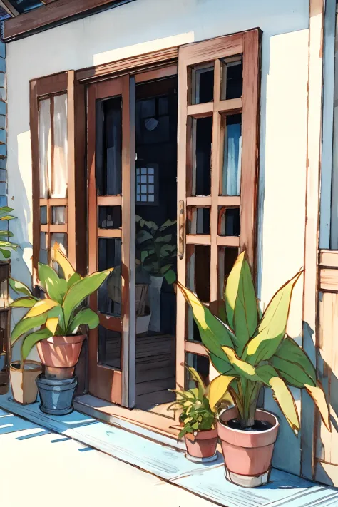 No humans, plant, window, potted plant, Duan, door, Scenery, Outdoors, Traditional Media, flower pots, building, PILLOWS, (Illus...
