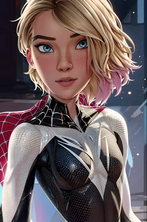 1girl ,solo,gwen stacy,spider web print, spider gwen , body suit , superhero, masterpiece, best quality, highest quality, cinematic lighting, (volumetric lighting), extremely detailed CG unity 8k wallpaper, focused, 8k wallpaper, 4k wallpaper, extremely de...