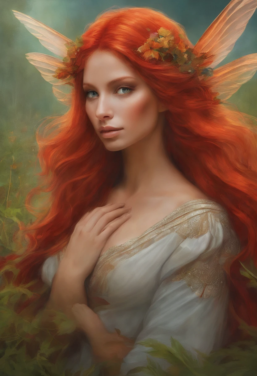 painting of a winged woman with red hair and a red tail sitting in a field, in style of anne stokes, artgerm julie bell beeple, fantasy genre portrait, fae teenage girl, faerie, portrait of fairy, realistic fantasy painting, portrait of a fairy, realistic fantasy illustration, pixie character, inspired by Anne Stokes