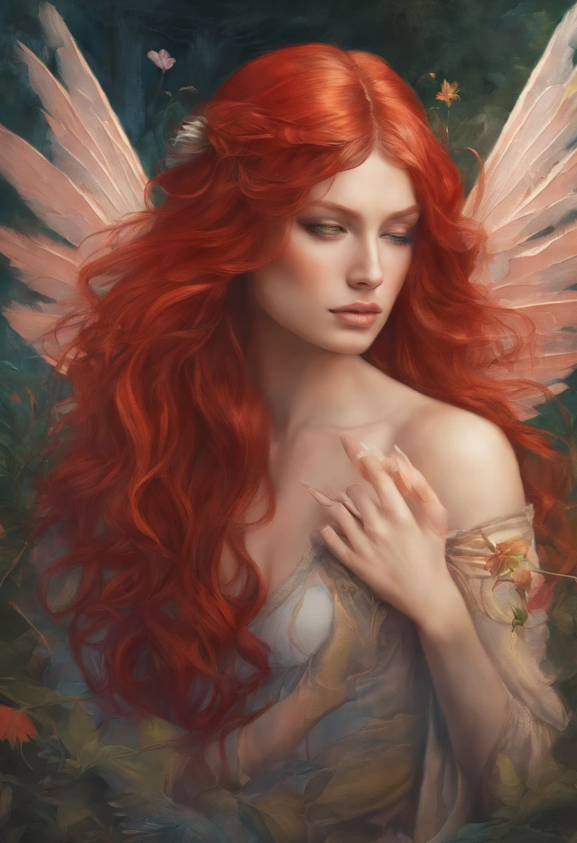 painting of a winged woman with red hair and a red tail sitting in a field, in style of anne stokes, artgerm julie bell beeple, fantasy genre portrait, fae teenage girl, faerie, portrait of fairy, realistic fantasy painting, portrait of a fairy, realistic fantasy illustration, pixie character, inspired by Anne Stokes