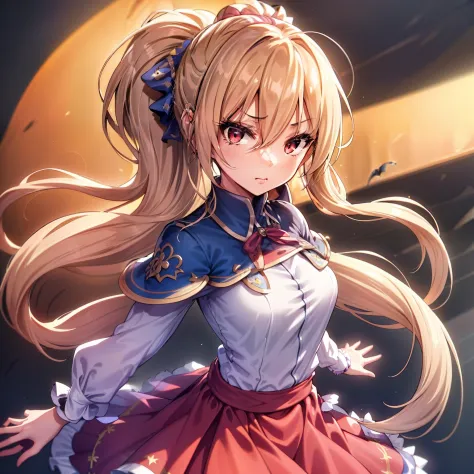 (masutepiece, Best Quality:1.2), Extremely detailed, detailed hairs, Soft skin,

1girl in, Solo, Upper body,Halloween, squash

Blonde hair, Long hair, High Ponytail, Long ponytail,

Red Eyes, long eyelashes, thick eyelashes, Looking at Viewer,

Red dress, ...