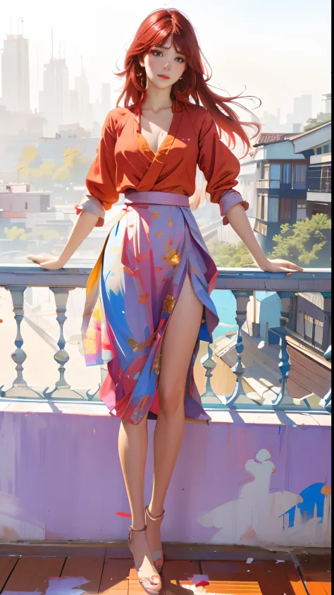 Painting of a woman in red blouse and skirt standing on a balcony, Guweiz, James Gurney estilo de pintura, por Bayard Wu, Obras ...