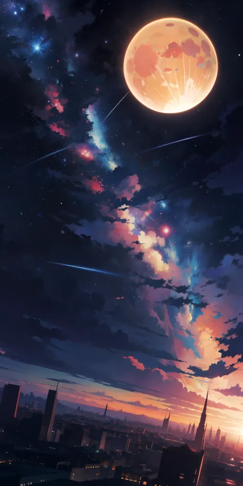 anime - style scene of a beautiful sky with a star and a planet, cosmic skies, Cityscape. by makoto shinkai, anime art wallpaper 4k, anime art wallpaper 4 k, anime art wallpaper 8 k, anime wallpaper 4k, anime wallpaper 4 k, 4k anime wallpaper, anime sky, a...