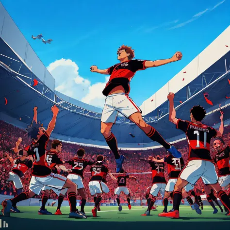 Illustration of a soccer player jumping in the air to catch a ball, inspirado em Oswaldo Viteri, Directed by: Camilo Mori, Direc...