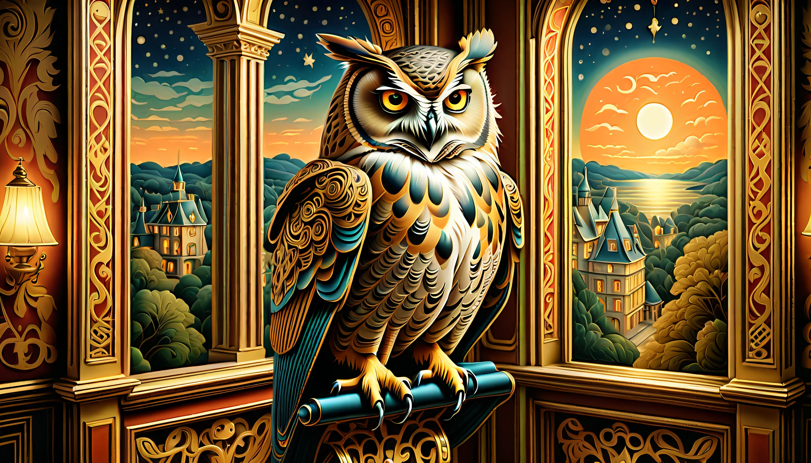 (((gentle butler with owl perched on his shoulder of intricate detail illustration:))), ((star night outside the window of strolls down the grand hallway:1.1)), Inside the mansion of a high-ranking aristocrat illustration, In the midst of a lunar eclipse, the soft light from the lamps illuminates his path, peaceful and beautiful moment, warm and inviting atmosphere, (((stunning rich colored oil painting:1.3))), (((ultimate quality:1.3))), (((intricate insane detail:1.3))), (((extremely intricate details:1.3))), high resolution,