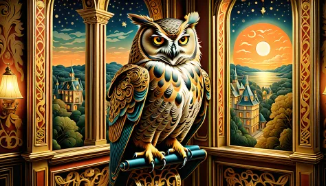 (((gentle butler with owl perched on his shoulder of intricate detail illustration:))), ((star night outside the window of strol...