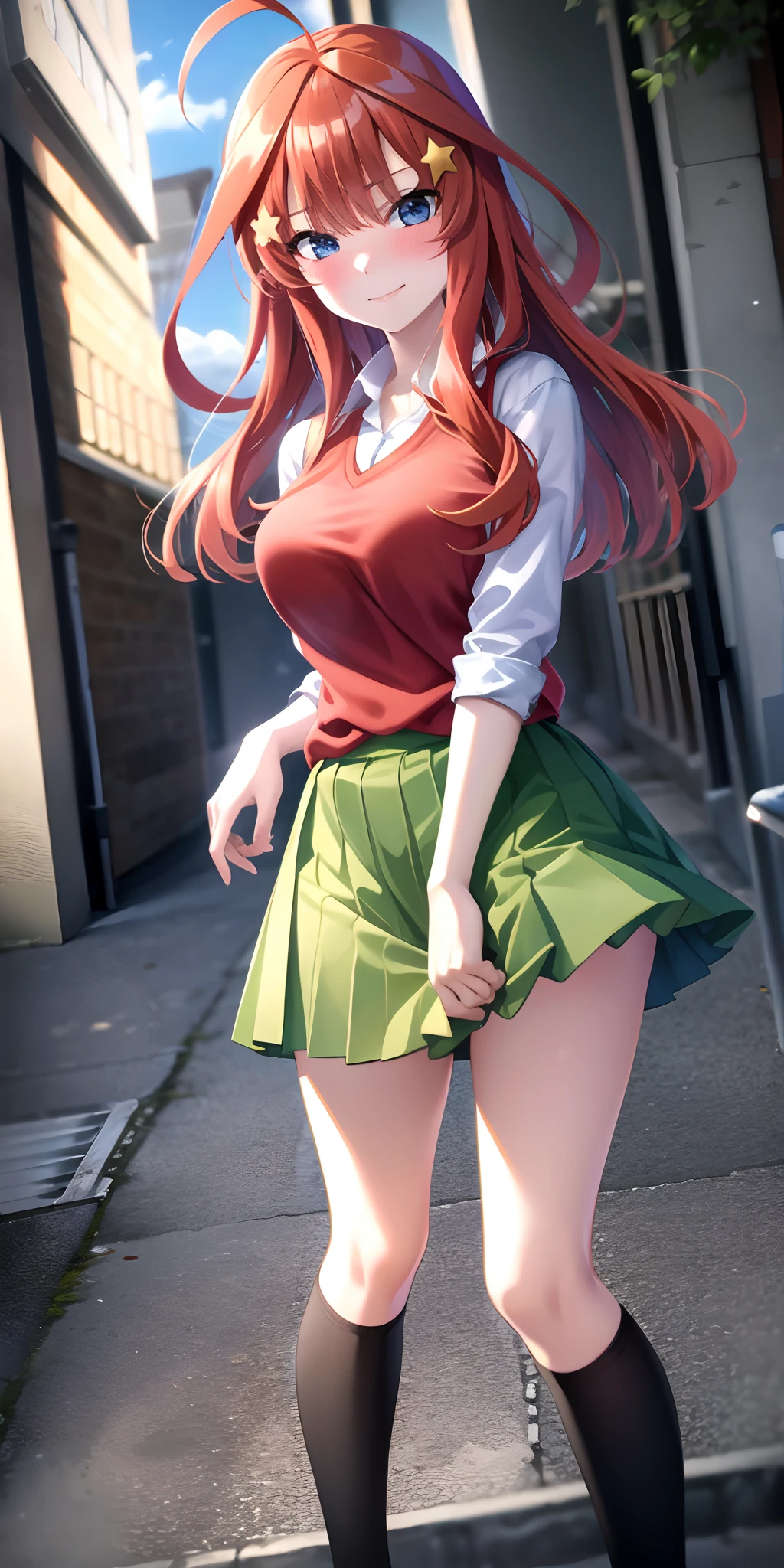2D, masutepiece, Best Quality, Anime, Highly detailed, 1girl in, Solo, Cowboy Shot, Itsuki Nakano, Red hair, Long hair, Star hair ornament, Ahoge, Red Sweater, Collared shirt, Green skirt, very short miniskirt, medium breasts, Standing, School, Outdoors, smile, blush, embarrassed,skirt lift by yourself,pigeon-toed, showing panties,