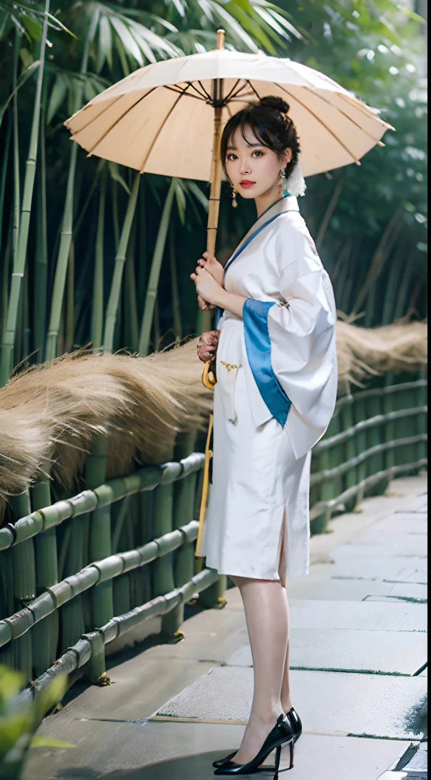 Masterpiece, Extremely detailed Cg Unity 8K wallpaper, 1 girl, Beautiful, Realistic, bblurry, Blurred background, Blurred foreground, Bamboo forest, Depth of field, Earrings, jewelry, nase, Solo, Hanfu, Holding a paper umbrella, rain，Flesh-colored pantyhose，high-heels