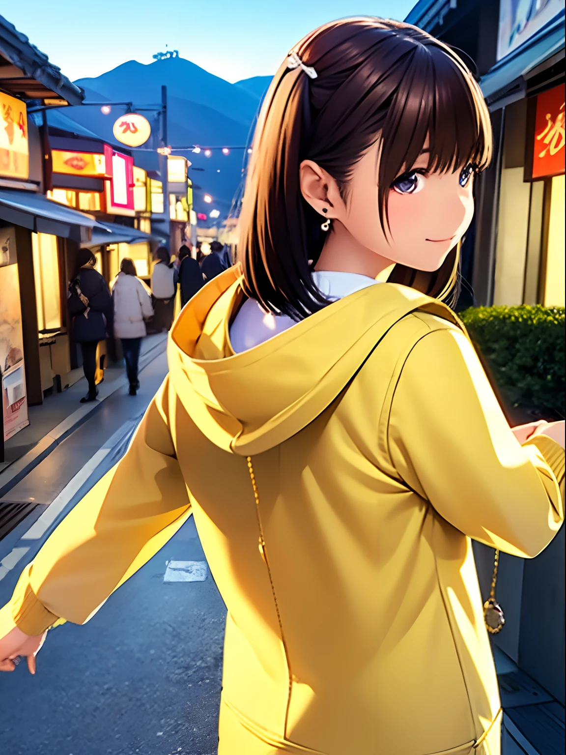 hight resolution,8K,Best Quality,detaileds,semi - realistic anime,Anime 3D Style,Smooth Anime CG,1 girl in,20 year old woman in Japan,slim,modeled,shiny chestnut hair,Medium Hair,Detailed face,Beautiful and detailed eyes,Glowing skin,(parka,layered clothes),earring beautiful,a necklace,autumnal,tag, with light glowing, plein air, (a street:0.8), (a person, Large crowds:1),Beautiful details sky, (dynamicposes:0.8),Hard Focus、film grains,Soft lighting,the wind,looking at the viewers,A smile,Angle from behind