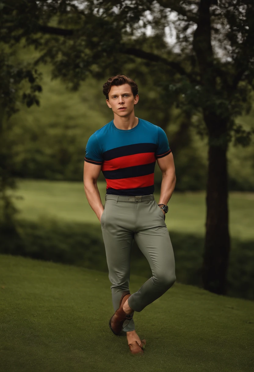 A man in a blue shirt and grey pants standing on a green field - SeaArt AI