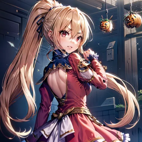 (masutepiece, Best Quality:1.2), Extremely detailed, detailed hairs, Soft skin,

1girl in, Solo, Upper body,(Halloween, squash, disguise)

blonde  hair, Long hair, High Ponytail, Long ponytail,

Red Eyes, long eyelashes, thick eyelashes, Looking at Viewer,...