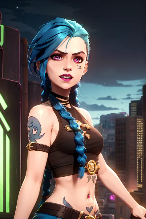 arcane style,

1girl, arm tattoo, asymmetrical bangs, bangs, blue hair, braid, brown shirt, cloud tattoo, looking at viewer, laughing, crazy, uncontrollable laugh, mad look, night, city, green hair, long hair, midriff, pink eyes, red lips, shirt, solo, sta...