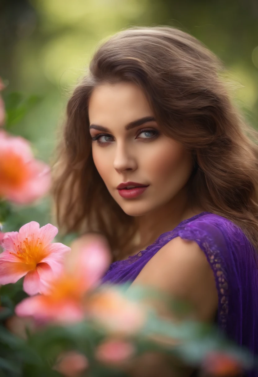 Mulher arafa com vestido roxo em frente a flores cor de rosa - SeaArt AI