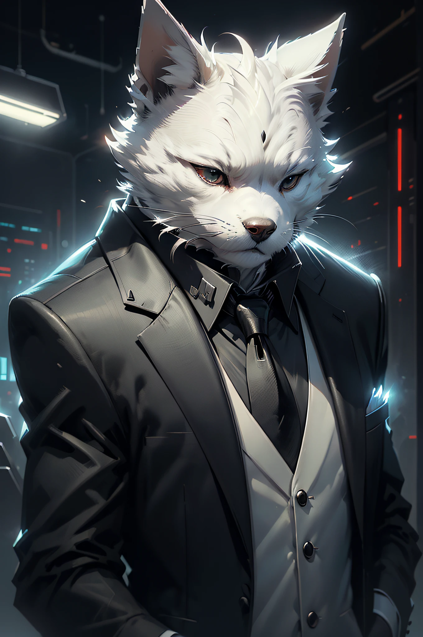 (Mann im schwarzen Anzug und Krawatte)Comicstrip、Anthropomorpher weißer Terrierhund、cyberpunked
