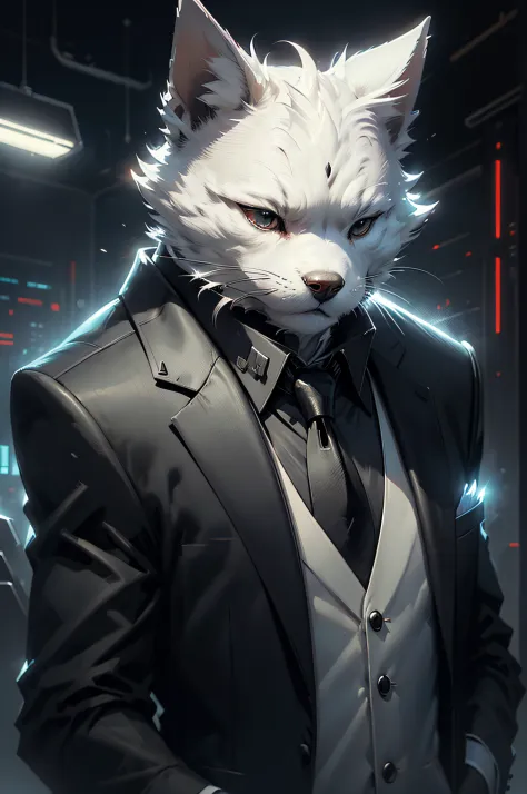 (Man in black suit and tie)comic strip、Anthropomorphic white terrier dog、cyberpunked