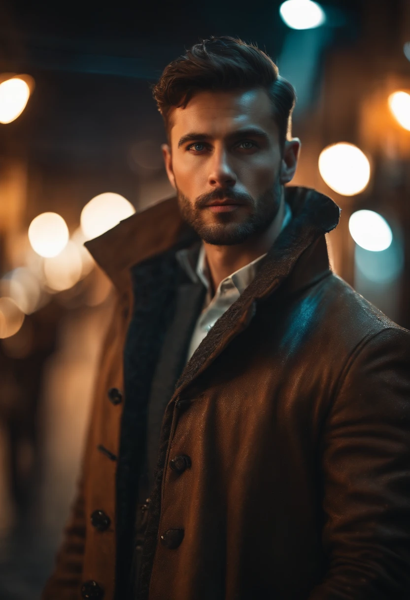 Portrait photo of a handsome male full body photo, perfect eyes, wearing a shabby mecha coat, ((light bokeh)), intricate, (steel metal [rust]), elegant, sharp focus, photo by Greg Rutkovsky, soft lighting, bright colors, masterpiece, (street)), detailed realistic face, close-up of the face