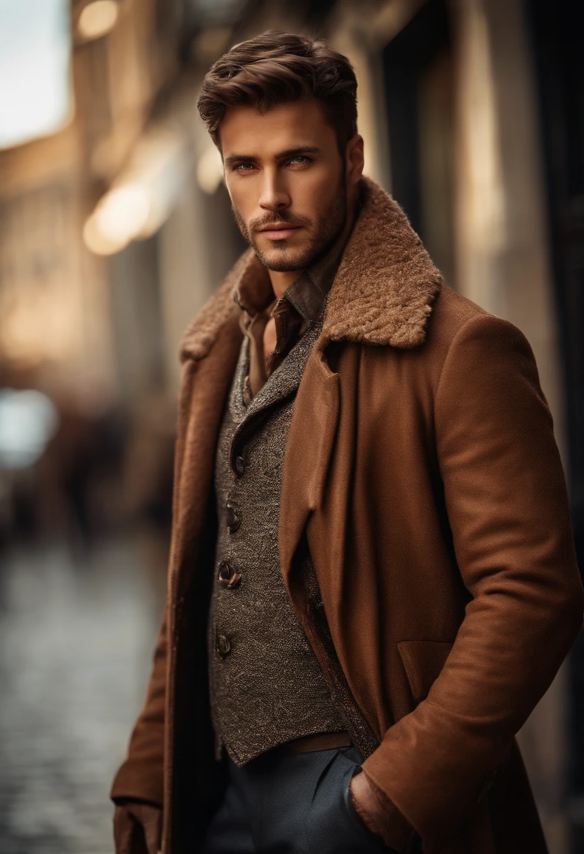 Portrait photo of a handsome male full body photo, perfect eyes, wearing a shabby mecha coat, ((light bokeh)), intricate, (steel metal [rust]), elegant, sharp focus, photo by Greg Rutkovsky, soft lighting, bright colors, masterpiece, (street)), detailed realistic face, close-up of the face