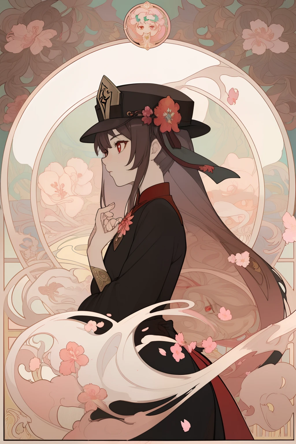 Art Nouveau Style, poster in a theater, (art by wes anderson), 2d, masterpiece, best quality, anime, highly detailed eyes, highly detailed face, highly detailed background, perfect lighting, 1girl, solo, hu tao \(genshin impact\), star-shaped pupils, flower-shaped pupils, hat, red flower, red eyes, cherry blossoms, black outfit, (inspired by mucha), fire, profile, cowboy shot, ghosts, perfect white skin