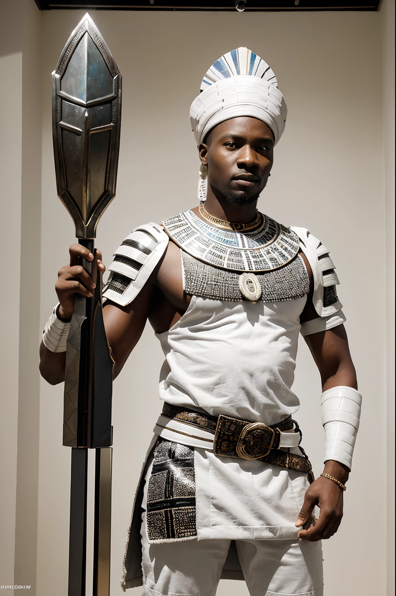 African man holding a shield and spear, dressed in African designed clothes, standing in museum full of QR code sculptures, white scene and white background with a mix of different colours,  QR code wallpapers and tiles and art work all over the room, light shining with iridescent light, 32k, ultra HD, unreal engine rendered, cinematic lighting, artgerm style,