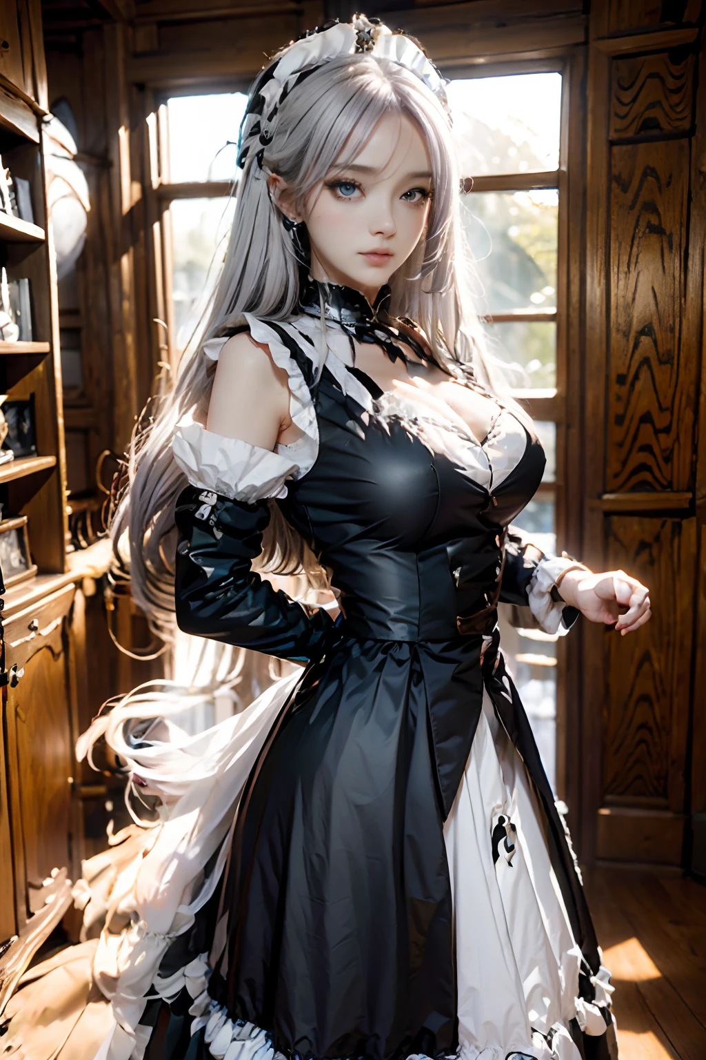 The woman, (European Citizenship: 1.2) In a black and white outfit posing for a photo, maiden! Dress, Anime Girl Cosplay, anime girl in a maid costume, The Magnificent Maiden, maid outfit, cosplay photo, cosplay, anime cosplay, A Few Cute Poses, Заманчивый портрет Marvel's Storm (snow-white hair!), (Face of the Goddess), (Elegant posture: 1.4), Elegant atmosphere, Noble atmosphere, (Milf: 1.6) (Shiny bright white hair: 1.5), (Cyan eyes: 1.4), (maidservant: 1.4), (Black and White Maid Outfit: 1.1), (Incredible beauty, High facial detail:1.3),