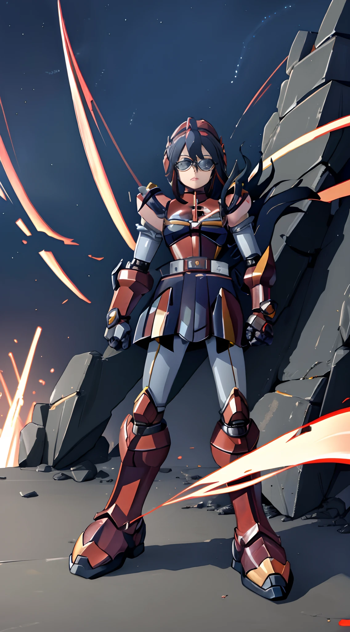 Masterpiece (best quality): Ryuko Matoi wearing a full suit of Megaman armor,Proto-Man armor, heavy armor gauntlets, heavy armor belt, heavy armor boots, facing camera, punk pose, robust armor, armored dress, wide red and black belt, Heavily armored, cybernetic heavy armor, arm gloves, knee-height skirt, heavy cybernetic boots, heavy cybernetic arms, heavy cybernetic torso, waist belt, megamanX heavy armor, bulky megamanX armor, reploid armor, Armored cone dress, Extremely Heavy body armor, large wide dress, Waitor Dress, Heavy Torso Armor, wearing headset, Protoman glasses, heavy armored glasses, hands on hips, punk pose, helmetless