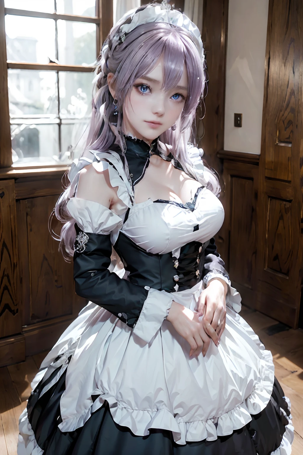 la femme, (Citoyenneté européenne: 1.2) Dans une tenue noire et blanche posant pour une photo, Jeune fille! robe, anime fille cosplay, anime girl dans un costume de femme de chambre, La magnifique jeune fille, tenue de femme de chambre, Cosplay photo, Cosplay, anime Cosplay, Quelques poses mignonnes, (Visage de la Déesse), (posture élégante: 1.4), ambiance élégante, Ambiance noble, (trentenaire: 1.6) (cheveux violet pâle: 1.5), (Yeux cyan: 1.4), (servante: 1.4), (tenue de femme de chambre noire et blanche: 1.1), (beauté incroyable, Détail élevé du visage:1.3),