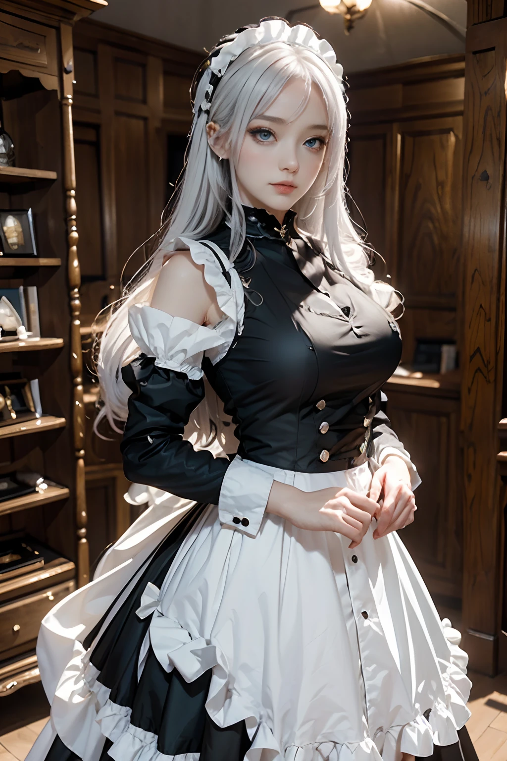 The woman, (European Citizenship: 1.2) In a black and white outfit posing for a photo, maiden! Dress, Anime Girl Cosplay, anime girl in a maid costume, The Magnificent Maiden, maid outfit, cosplay photo, cosplay, anime cosplay, A Few Cute Poses, Заманчивый портрет Marvel's Storm (snow-white hair!), (Face of the Goddess), (Elegant posture: 1.4), Elegant atmosphere, Noble atmosphere, (Milf: 1.6) (Shiny bright white hair: 1.5), (Cyan eyes: 1.4), (maidservant: 1.4), (Black and White Maid Outfit: 1.1), (Incredible beauty, High facial detail:1.3),