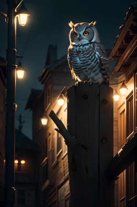 A mystic owl perched in the night, volumetric lighting, cinematic lighting