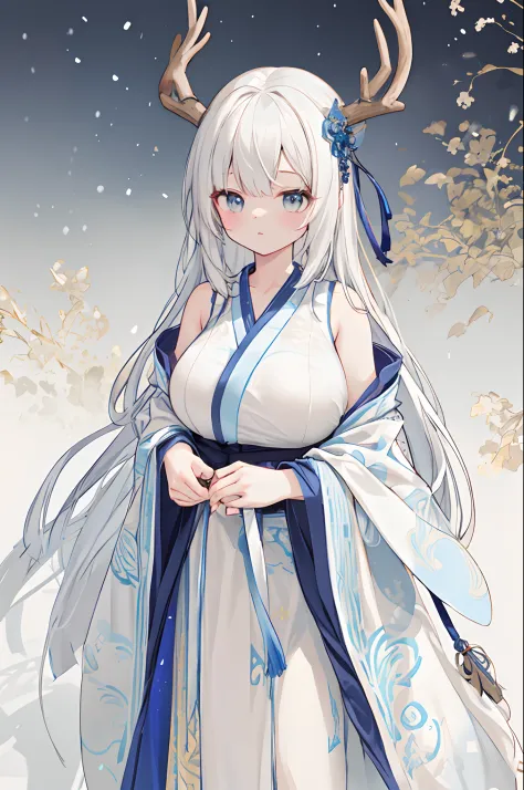 Foiled text，Dragon's horn，deer antlers，Portrait，Realistic effect，female pervert，White-haired girl，Messy hair，ancient wind，cyan colors，cyan colors，Cyan Hanfu(With delicate and mysterious antique patterns)，high-heels，The expression after the climax，winning a...