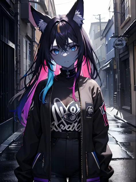 (masterpiece,best quality,ultra-detailed),1girl,(multicolored hair,blue yellow red purple hair),messy hair, black shirt,black jacket,(fox ears),beautiful eyes,(colored skin, grey-blue skin),in a alleyway,(grey theme),(pastel colors theme)