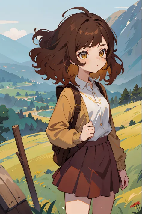 1girl, solo, character illustration, (chocolate colored skin:0.5), (brown hair, dark yellow hair, gradient hair:1.2), curly hair, messy hair, freckles, amber eyes, grown woman, small breasts, (red stripless shirt), gray cardigan, mini backpack, plain suit ...