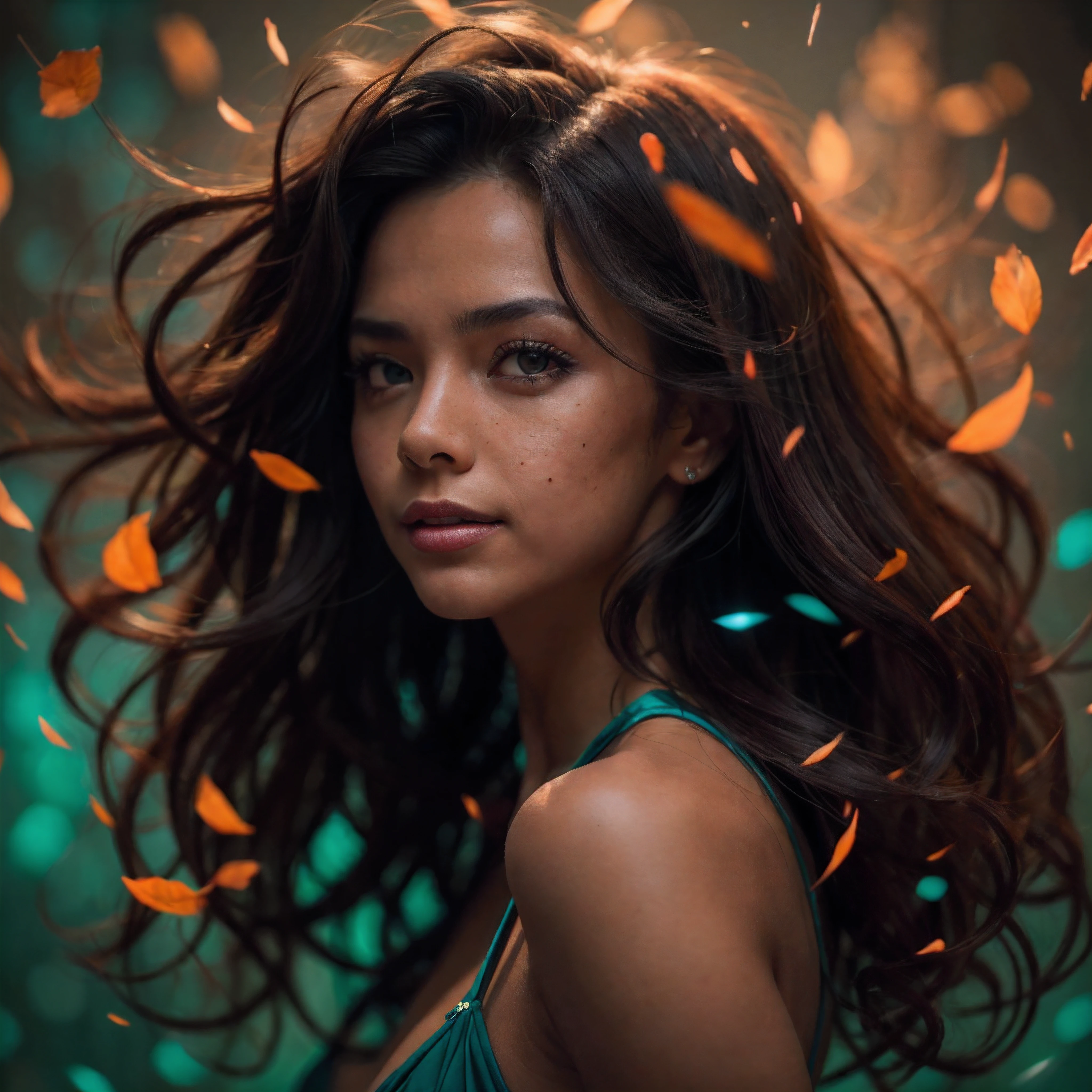 (Cinematic, emotional:1.3), (dynamic pose:1.2), (complex image:1.2), portrait of a woman striking a dynamic pose against a turquoise backdrop, glowing maroon particles around her, voluminous black hair highlighted, calm smiling expression, (small breasts, maroon accents), freckled skin, the photograph captured in stunning 8k resolution and raw format to preserve the highest quality of details, (her eyes are portrayed with meticulous attention to detail: 1.3), The photograph is taken with a lens that emphasizes the depth in her eyes, the backdrop is a dark room setting that enhances the colours of the scene. The lighting and shadows are expertly crafted to bring out the richness of her skin tone and the intense atmosphere. Her hair adds contrast against her skin, the overall composition captures her essence with authenticity and grace, creating a portrait that celebrates her heritage and beauty. Photography utilizing the best techniques for shadow and lighting, to create a mesmerizing portrayal that transcends the visual,