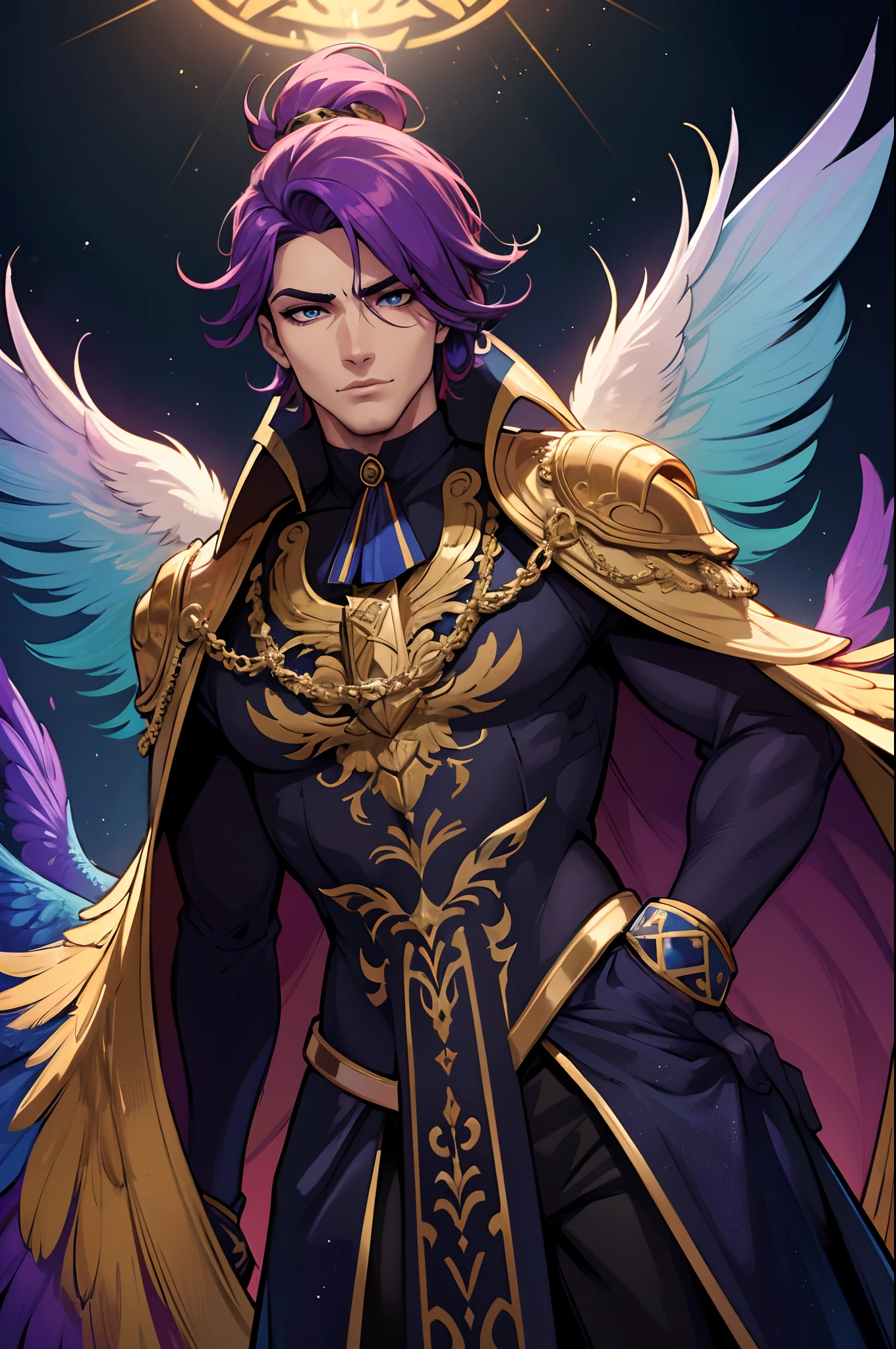 male, best quality, 4k, highres:1.2, ultra-detailed, realistic:1.37, vivid colors, studio lighting, shiny materials, magnificent feathers, sparkling details, intricate eye makeup, extravagant costume, regal posture, confident expression, dramatic lighting, vibrant colors, majestic atmosphere