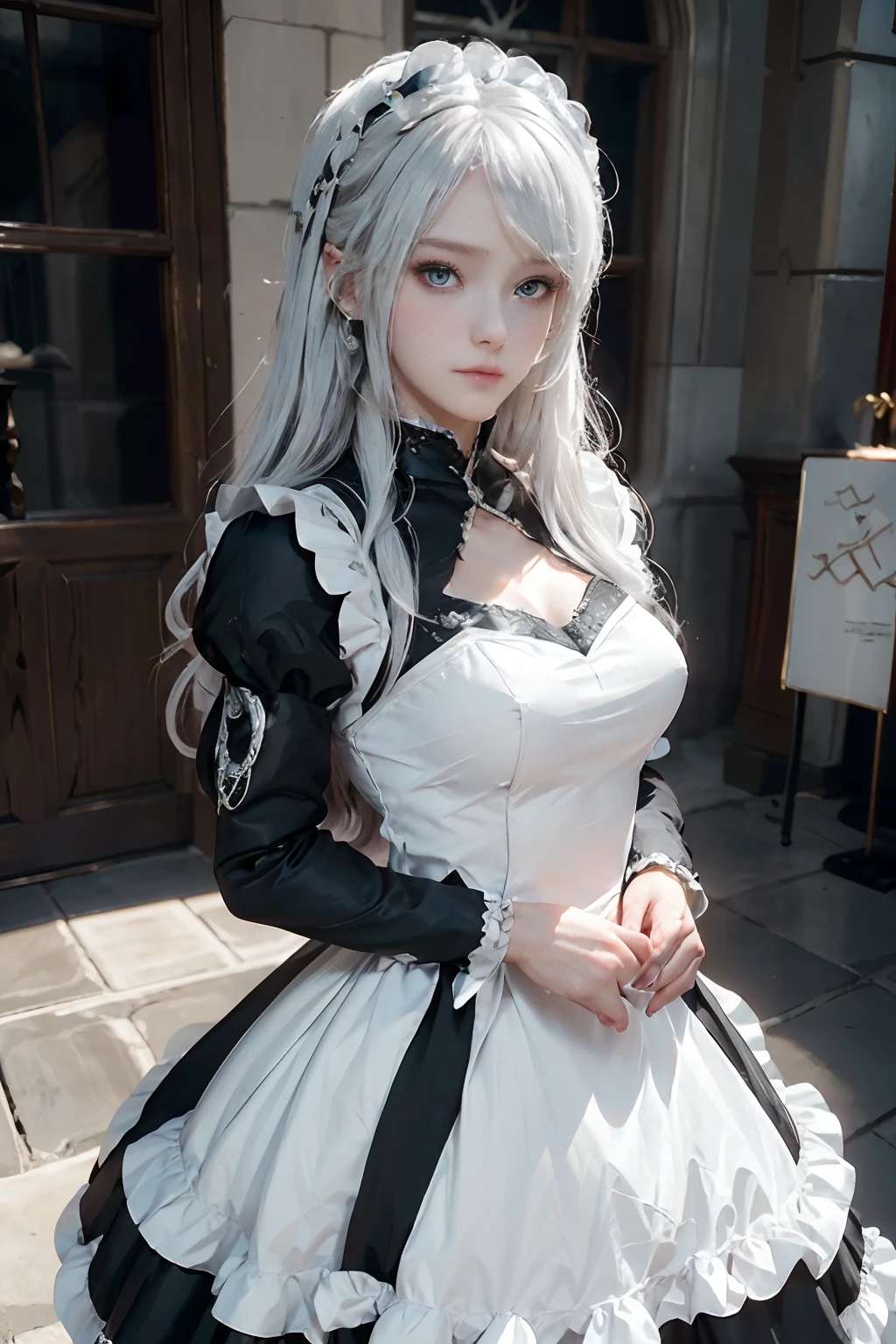 The woman, (European Citizenship: 1.2) In a black and white outfit posing for a photo, maiden! Dress, Anime Girl Cosplay, anime girl in a maid costume, The Magnificent Maiden, maid outfit, cosplay photo, cosplay, anime cosplay, A Few Cute Poses, Заманчивый портрет Marvel's Storm (snow-white hair!), (Face of the Goddess), (Elegant posture: 1.4), Elegant atmosphere, Noble atmosphere, (Milf: 1.6) (Shiny bright white hair: 1.5), (Cyan eyes: 1.4), (maidservant: 1.4), (Black and White Maid Outfit: 1.1), (Incredible beauty, High facial detail:1.3),