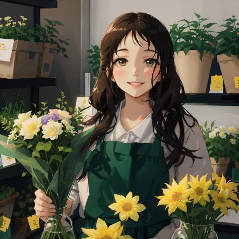 there is a cute anime girl holding a vase of flowers in a flower shop,  with flowers, attractive girl, smiling at the viewer, lo...