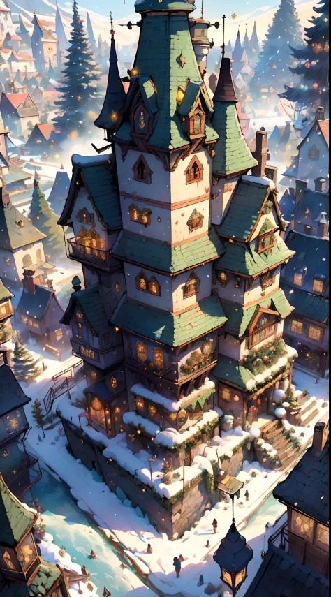 (((masterpiece))),(((high-quality))),(((8K wallpaper))),(((Aerial view of a mega-gigantic winter town decked out in festive deco...
