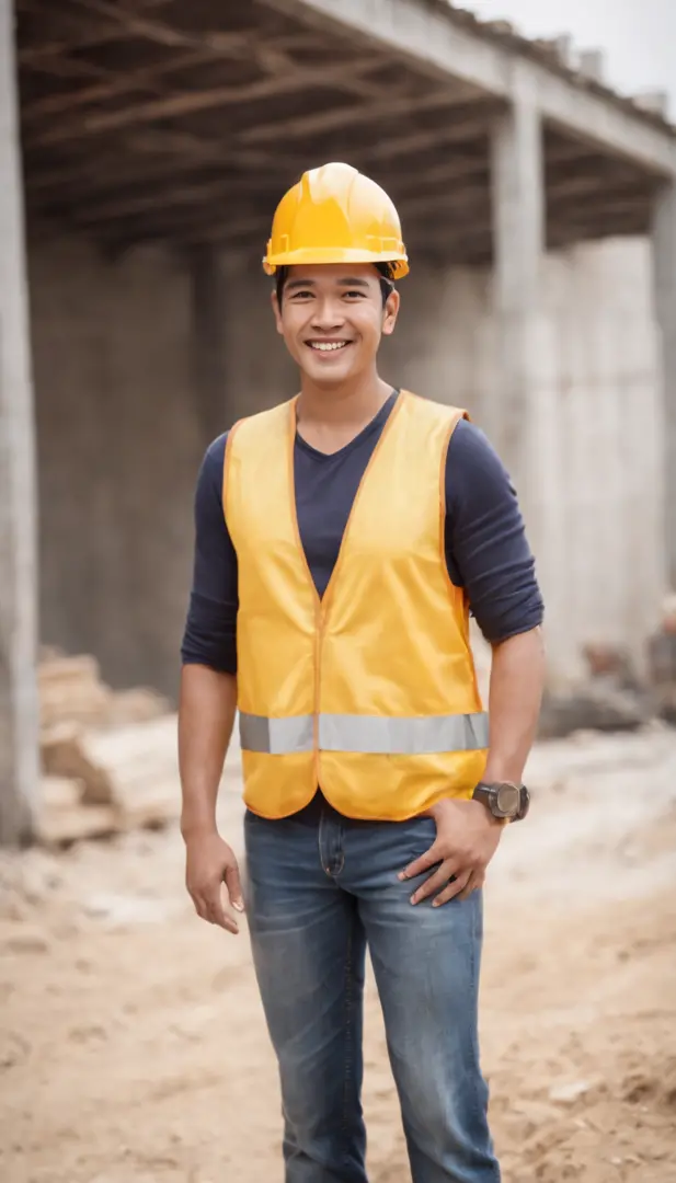 Photoshoot, construction site, face the camera, smile, 30 year old construction worker guy, handsome guy, Indonesian male model, wearing construction worker's vest, wearing construction worker's helmet, yellow helmet, white healthy skin,full body photo, re...
