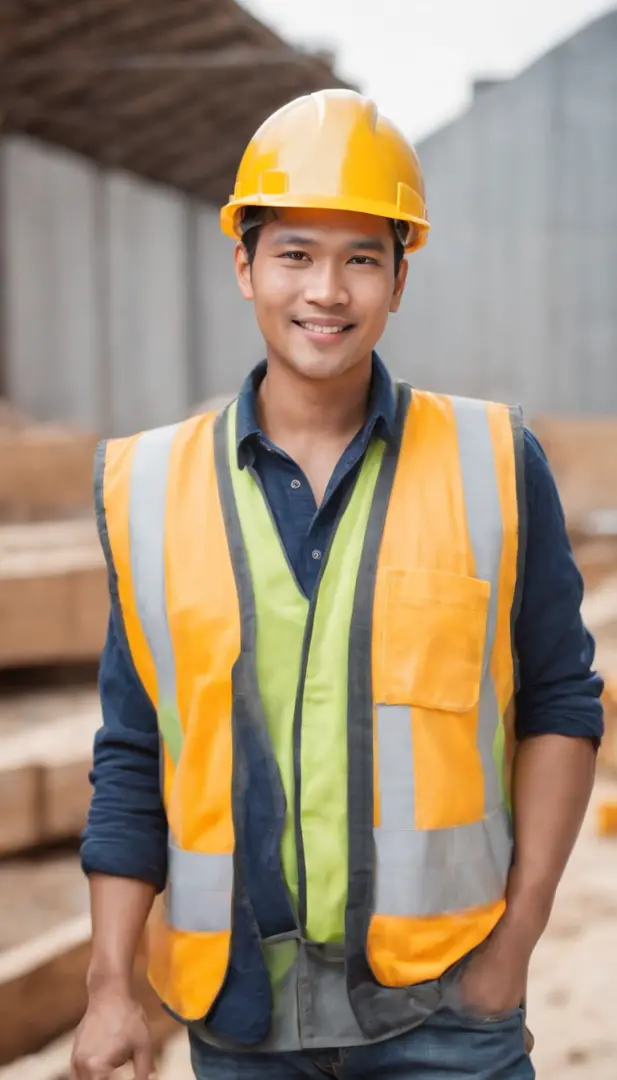 Photoshoot, construction site, face the camera, smile, 30 year old construction worker guy, handsome guy, Indonesian male model, wearing construction worker's vest, wearing construction worker's helmet, yellow helmet, white healthy skin,full body photo, re...