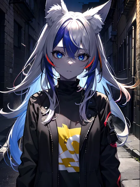 (masterpiece,best quality,ultra-detailed),1girl,(multicolored hair,blue yellow red purple hair),messy hair, black shirt,black jacket,(fox ears),beautiful eyes,(colored skin, grey-blue skin),in a alleyway,(grey theme),(pastel colors theme)