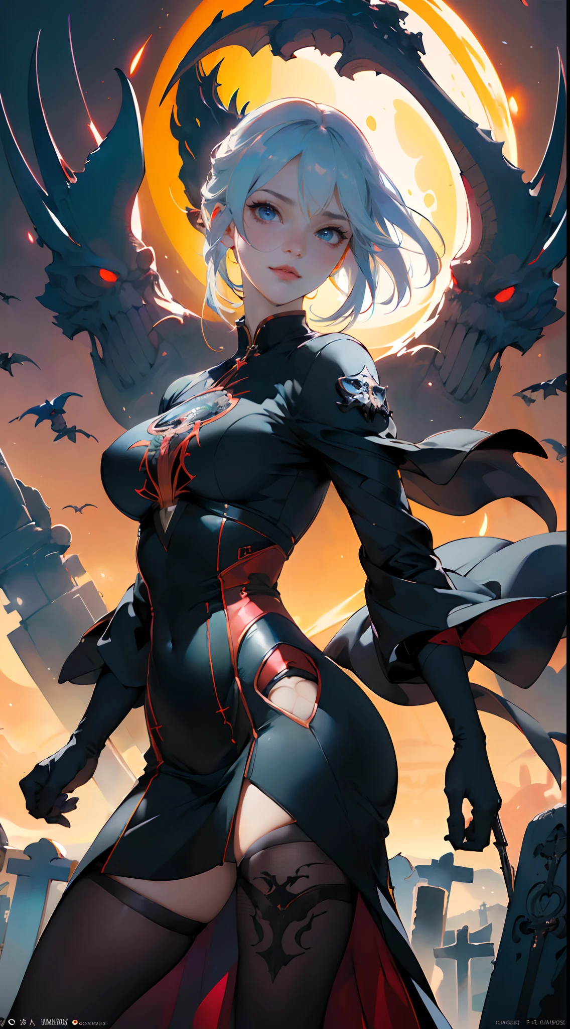 Anime - Imagen de estilo de una mujer vestida con un vestido blanco y un velo, Guweiz en Artstation Pixiv, (Guweiz en Pixiv Artstation:1.4), Ross Tran 8 K, WLOP RossDraws, WLOP y Krenz Cushart, (Estilo Ross Tran:1.4), Cushart Krenz Key Art Femenino, Fanart Mejor ArtStation,More detailed 8K.motor irreal:1.4,UHD,La mejor calidad:1.4, fotorrealista:1.4, textura de la piel:1.4, obra maestra:1.8,obra-prima, mejor calidad,objeto Objeto], (detailed face features:1.3),(de fondo un cementerio tenebroso:1.4),(craneos en el suelo:1.4), (manos:1.4)