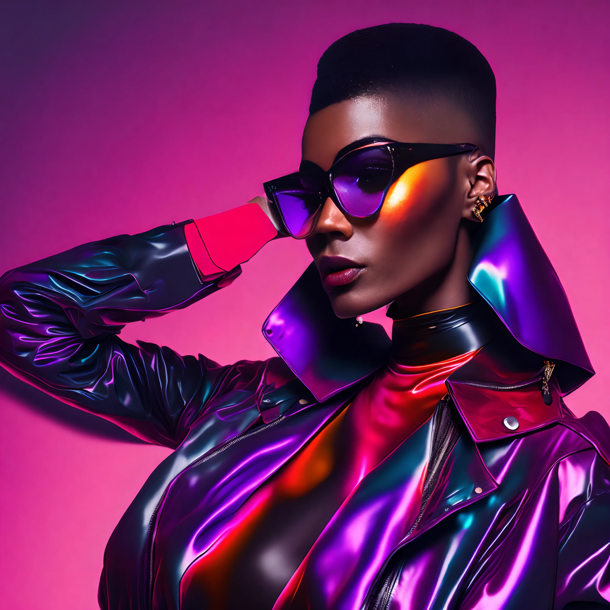 an AFRICAN woman a pair of glasses, Well cut conical hair well shaved on the sides style a madness in the 90's piece, brincos, Colorful Trackextura latex jacket, glamour da cor do retrato, retrato colorido detalhado, retrato de alta qualidade, cor neon sangrar, Retrato colorido, color studio portrait, cores ultravioleta e neon, full-colour illustration, cores vibrantes hiper realismo, cores neon vibrantes, pop e cores vibrantes, moda colorida, cor neon, cor estilo cyberpunk, iridescent illustration(best quality,alto,ultra-detalhado,Realistic:1.37),retrato,personagem feminina,red latex military jumpsuit,(encaixe apertado,recuado,preciso,elaborar),Solid Bottom Shaved Side Hair Short Top, corte de cabelo preto pixie undercut, cabelos naturais, cabelos cacheados e curtos, laterais raspadas, short hair on sides of head, cabelo preto curto com gel, corte de cabelo de cortina curta preta, cabelo curto preto encaracolado, contornos definidos suaves