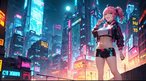 ​masterpiece, 1girl ((20year old, dressed in cyberpunk street attire, crop top exposes navel, sneakers, medium breasts, multicol...