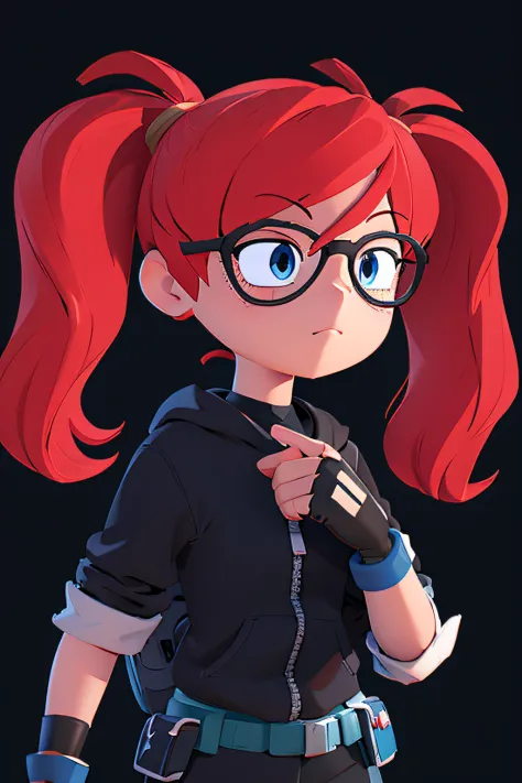 blue eyes, gloves, twintails, red hair, glasses, fingerless gloves, black compression shorts, pensketch_style, ink sketch, (dark background:1.2), looking at viewer, face, detailed face, without expressions, front view, centered