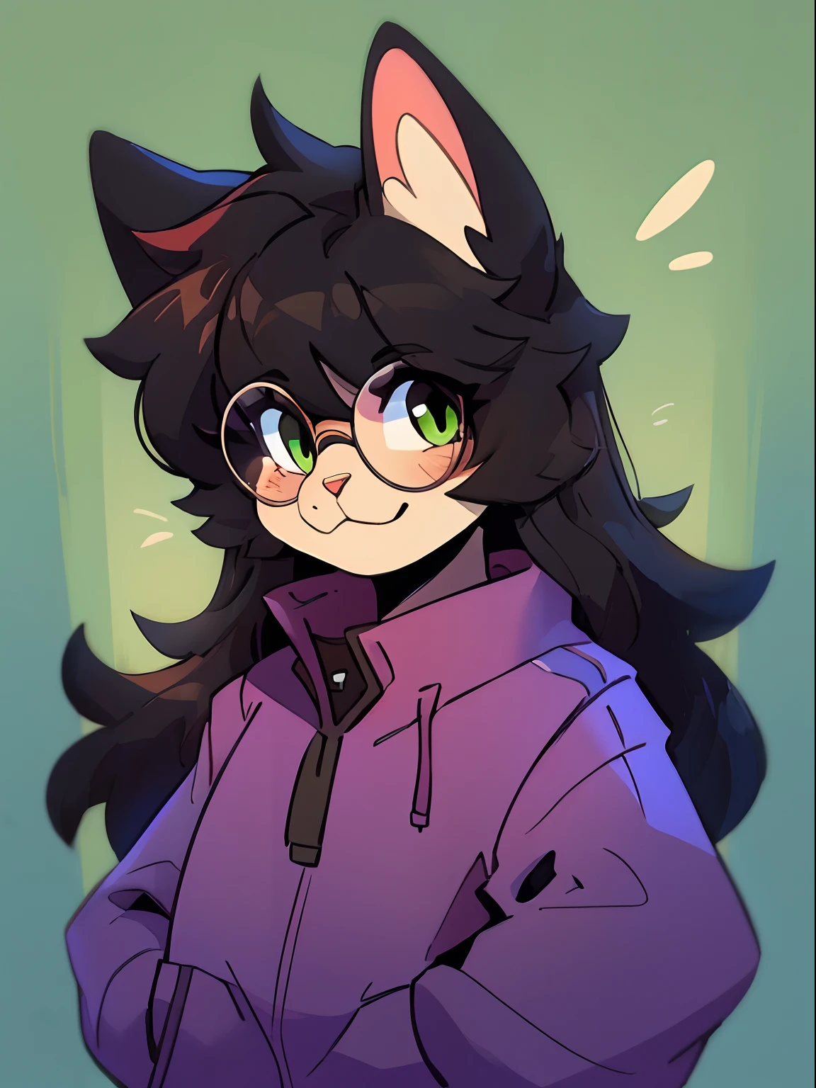 1 boy, furry, Antro, feline, domestic cat, antropomorfic cat, green eyes, blep, coffeesoda art style, e621, Fantazy adventurer, Black cat femboy, round glasses, black boddy, black hair, long hair, black fur, purple clothing.