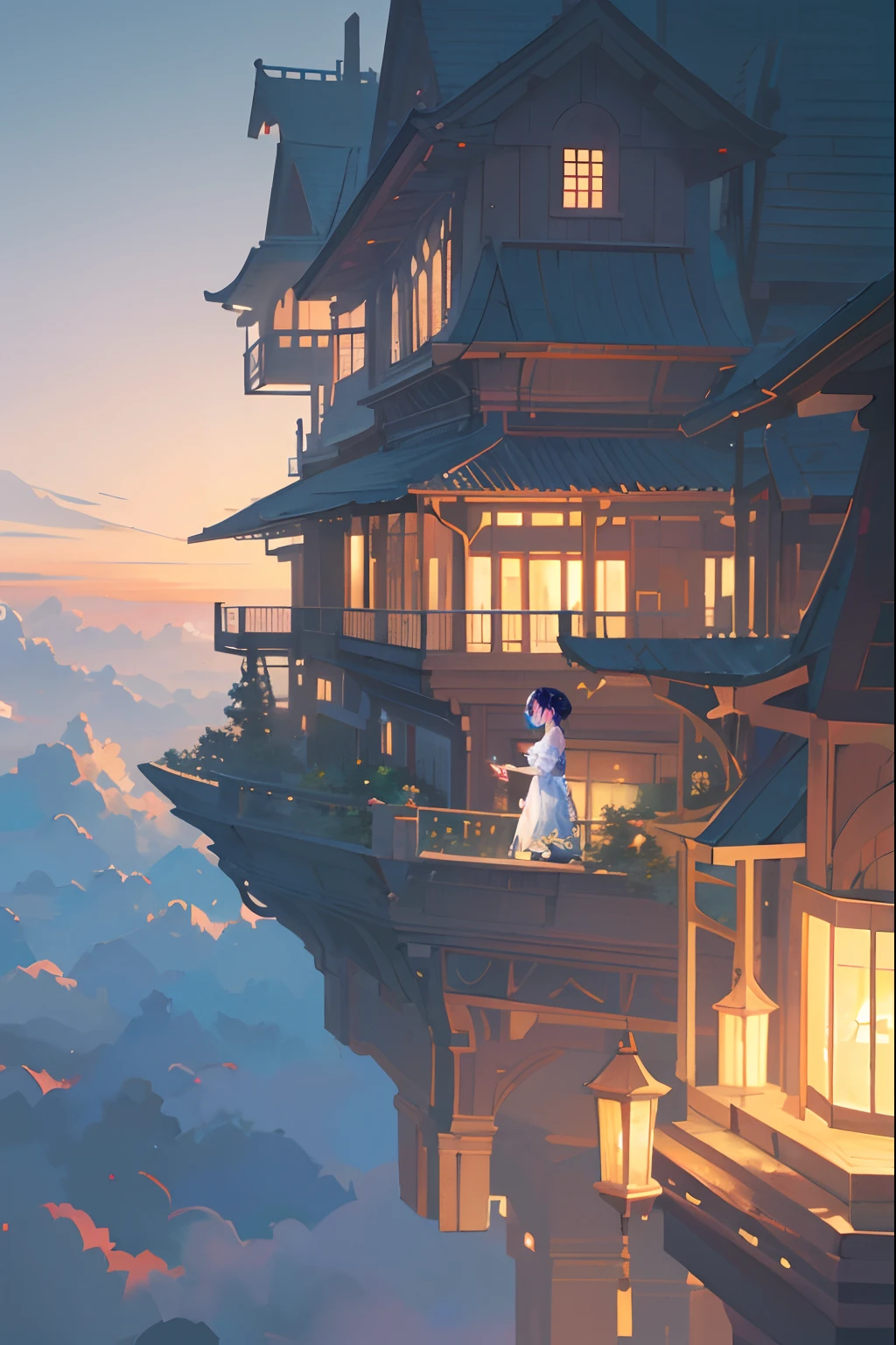 Depicting a little girl enjoying the view from the sea of clouds、Girl looking out from the garden、Enjoy leaning against the railing