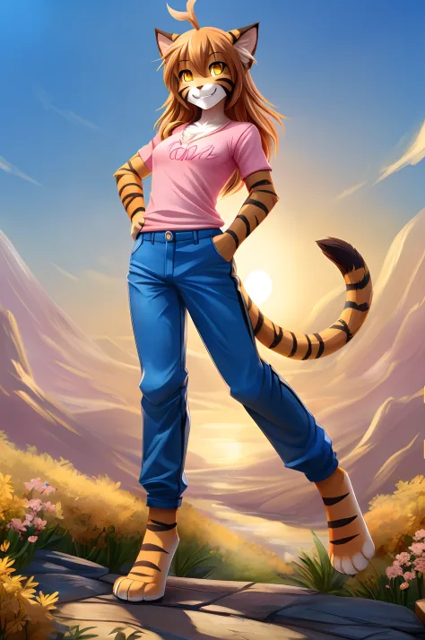 Flora from Twokinds,cute Tiger girl,female furry,furry,multicolored fur,White belly,white chest,white inner thighs,orange body fur with black stripes,full body covered by fur,cat tail,tiger tail,animal ears,cat ears,(ahoge:1.3), long brown orange hair,(big...