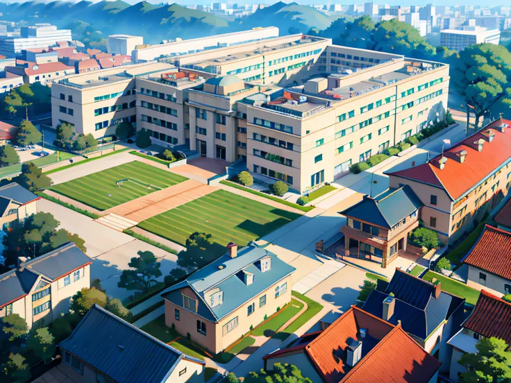 Aerial view of the school building with a football field in the middle ...