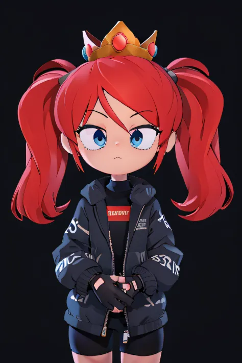 blue eyes, gloves, twintails, red hair, fingerless gloves, black compression shorts, pensketch_style, crown, ink sketch, (dark background:1.2), looking at viewer, face, detailed face, without expressions, front view, dripjacket, own hands together, centere...