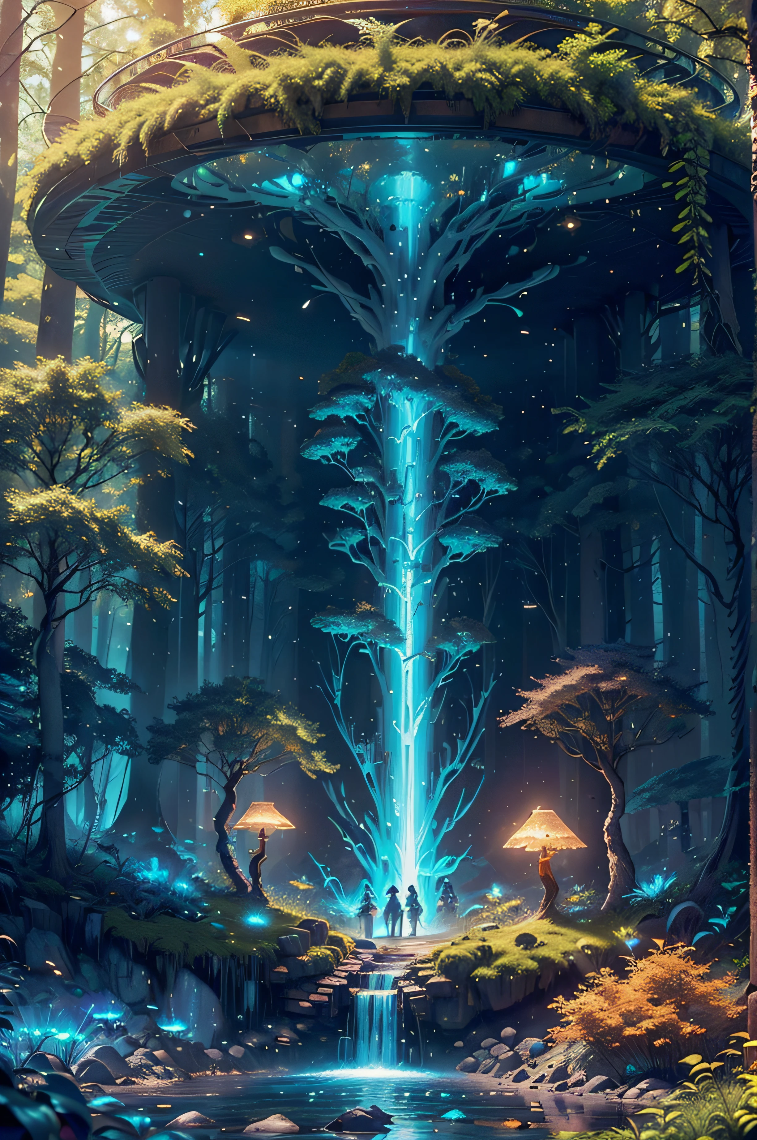 Enchanting mysterious forest, Neon butterfly, Pure blue water river spring, Golden mini fairy, Glowing mushrooms release pollen, Extremely beautiful scenery, (Ultra-realistic), {Extremely detailed 8k CG unit wallpaper}, Expansive landscape photography, (Prioritize a low view of the entire scene, (Broaden your horizons), (low  angle shot), (high light: 1.5), (Low light: 1.0), (Warm light source: 1.0), Complex details, (Iridescent colors: 1.5), (Bright lighting), (Atmospheric lighting), Nature, magical, landscape